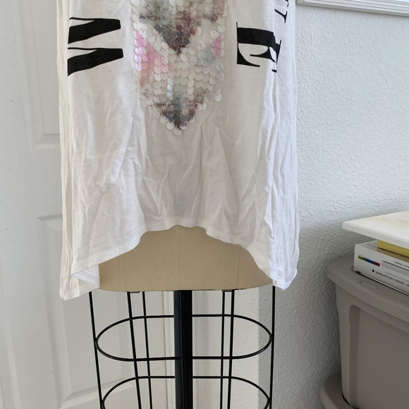 White Racer Back Knit Graphic Tank Tee With Mesh Back And Pastel Sequin Details - Picture 4 of 14
